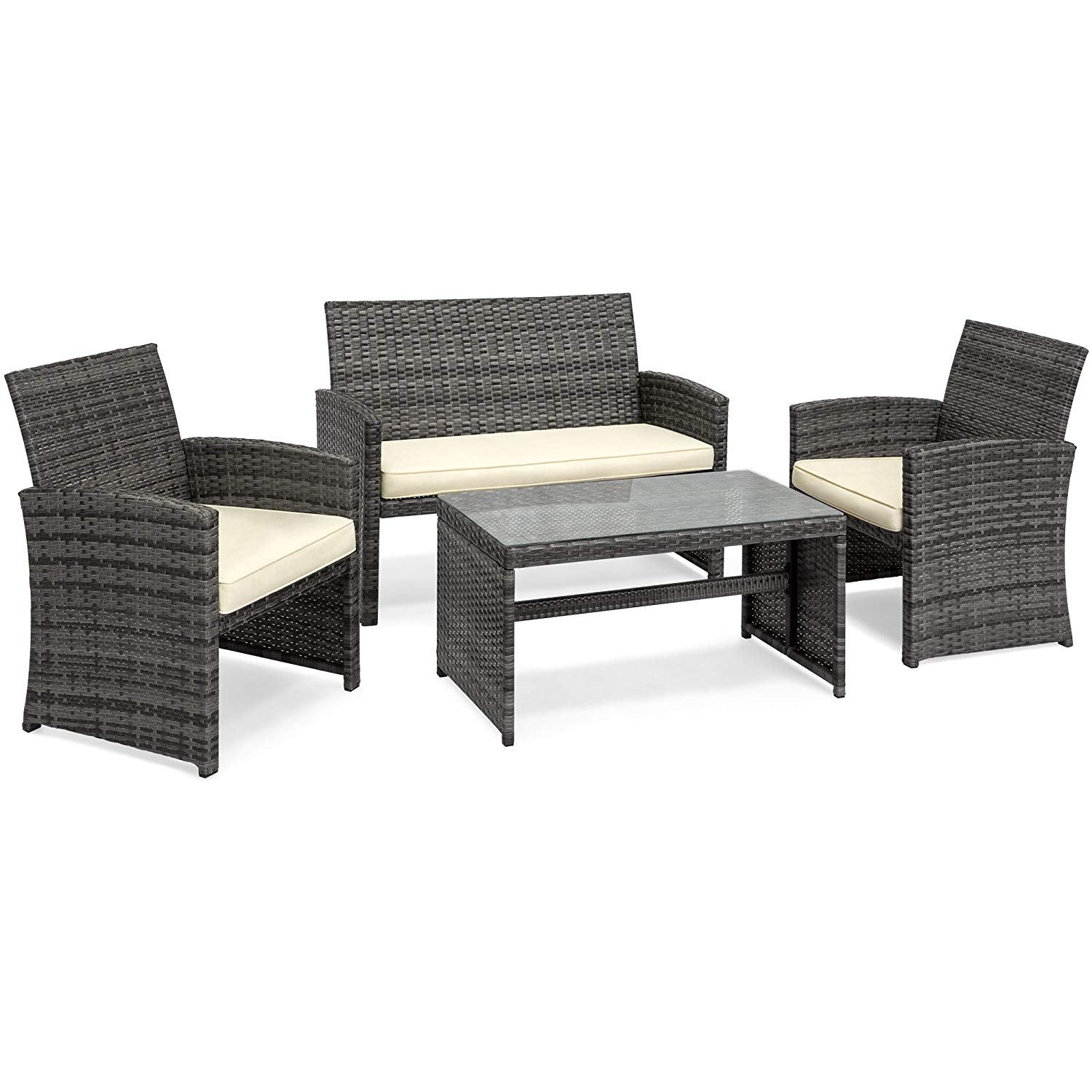 Best Choice Products 4-Piece Wicker Patio Furniture Set w/Tempered Glass, 3 Sofas, Table, Cushioned Seats - Gray