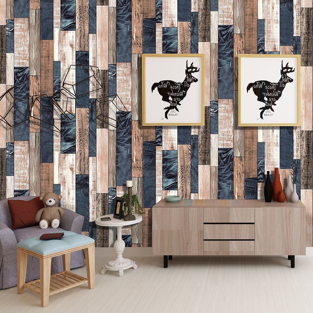 HaokHome 171102 Distressed Faux Wood Plank Wallpaper Panels Brown/Tan/Jeans Blue for Home Kitchen Accent Wall Decor 20.8"x 33ft