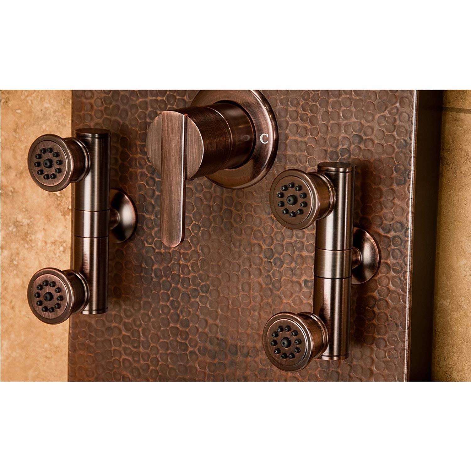 PULSE ShowerSpas 1016 Mojave ShowerSpa Panel with 8" Rain Showerhead, 8 Body Spray Jets, 5-Function Hand Shower, Glass Shelf and Tub Spout, Hand Hammered Copper with Oil Rubbed Bronze Finish