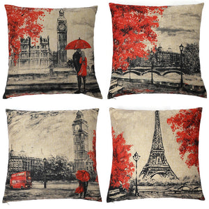 Kate 4 Packs Throw Pillow Covers 18 x 18 Inches Black & Red Color Eiffel Tower & Big Ben Pillow Case Decorative Cushion Cover for Soft, Home, Bedroom, Indoor or Out Door Pillowcase(Set of 4)
