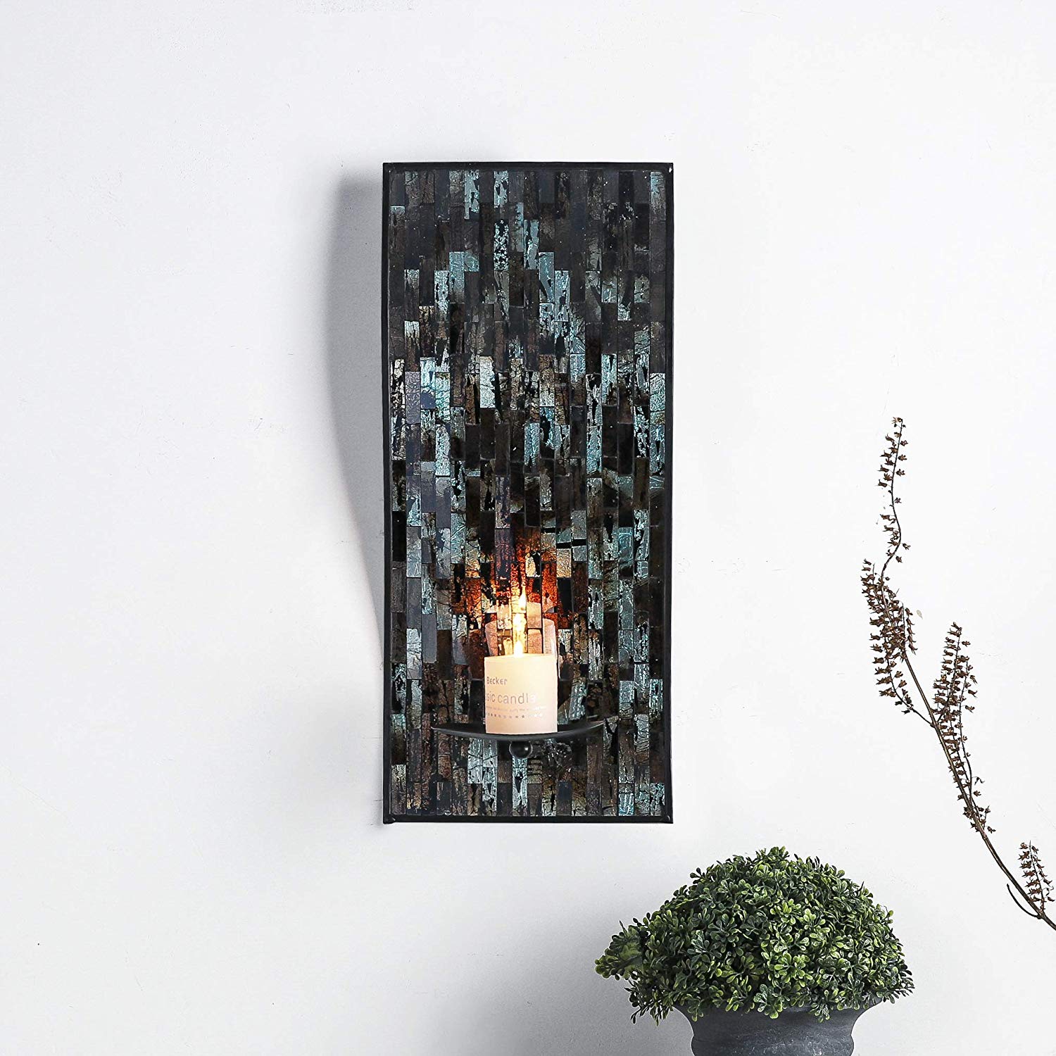 Whole Housewares 8 x 18 Inches Decorative Metal Wall Candle Sconce - Mosaic Glass Set of 2(Blue/Brown)