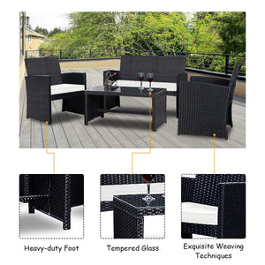 Goplus 4-Piece Rattan Patio Furniture Set Garden Lawn Pool Backyard Outdoor Sofa Wicker Conversation Set with Weather Resistant Cushions and Tempered Glass Tabletop (Black)