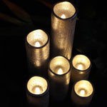 LED Lytes Flameless Timer LED Candles Slim Set of 6, 2" Wide and 2"- 9" Tall, Silver Coated Wax and Flickering Warm White Flame for Home and Wedding Decor