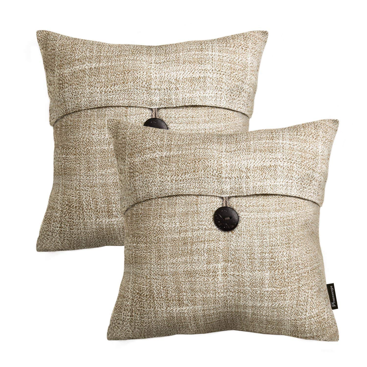 Phantoscope Set of 2 Beige Button Linen Decorative Throw Pillow Case Cushion Cover 18" x 18" 45 x 45 cm