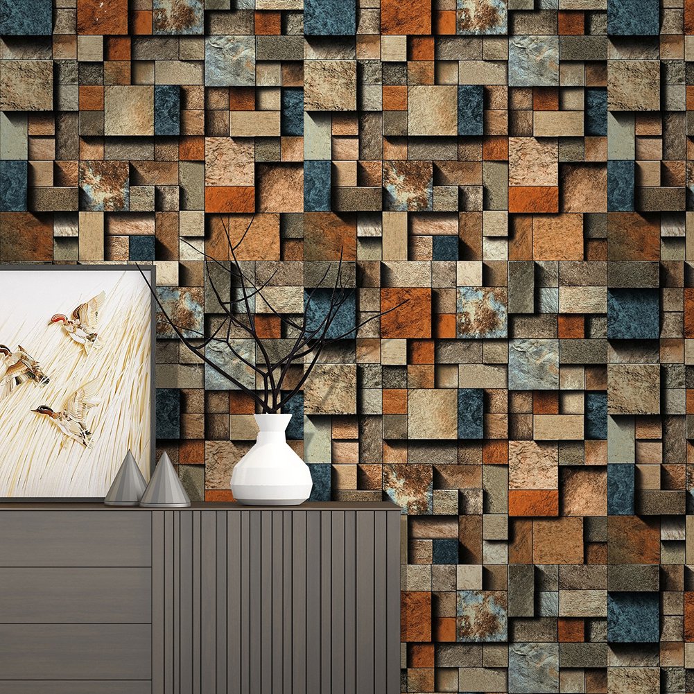 HaokHome 171801 Realistic Stone Brick Wallpaper 3D Rust/Black/Brown for Home Kitchen Accent Wall Decor 20.8"x 33ft