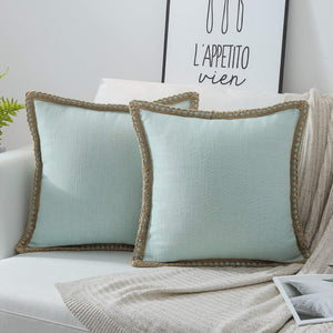 Phantoscope Pack of 2 Farmhouse Burlap Linen Trimmed Tailored Edges Throw Pillow Case Cushion Covers Light Turquoise 18" x 18" 45 x 45 cm