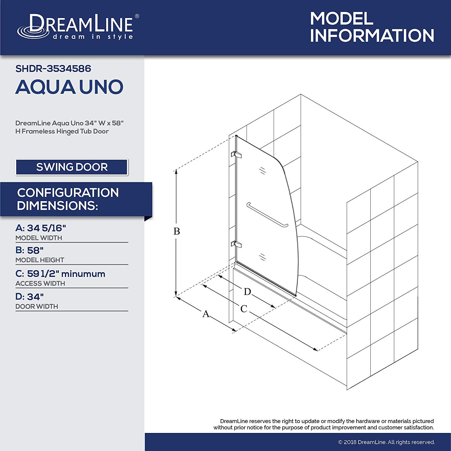 DreamLine Aqua Uno 34 in. W x 58 in. H Frameless Hinged Tub Door in Brushed Nickel, SHDR-3534586-04