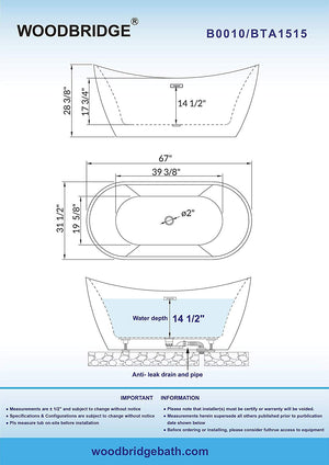 Woodbridge B-0010 67"X32" Acrylic Freestanding Bathtub Tub with Brushed Nickel Overflow and Drain, B-0010/BTA1515 White, 67"