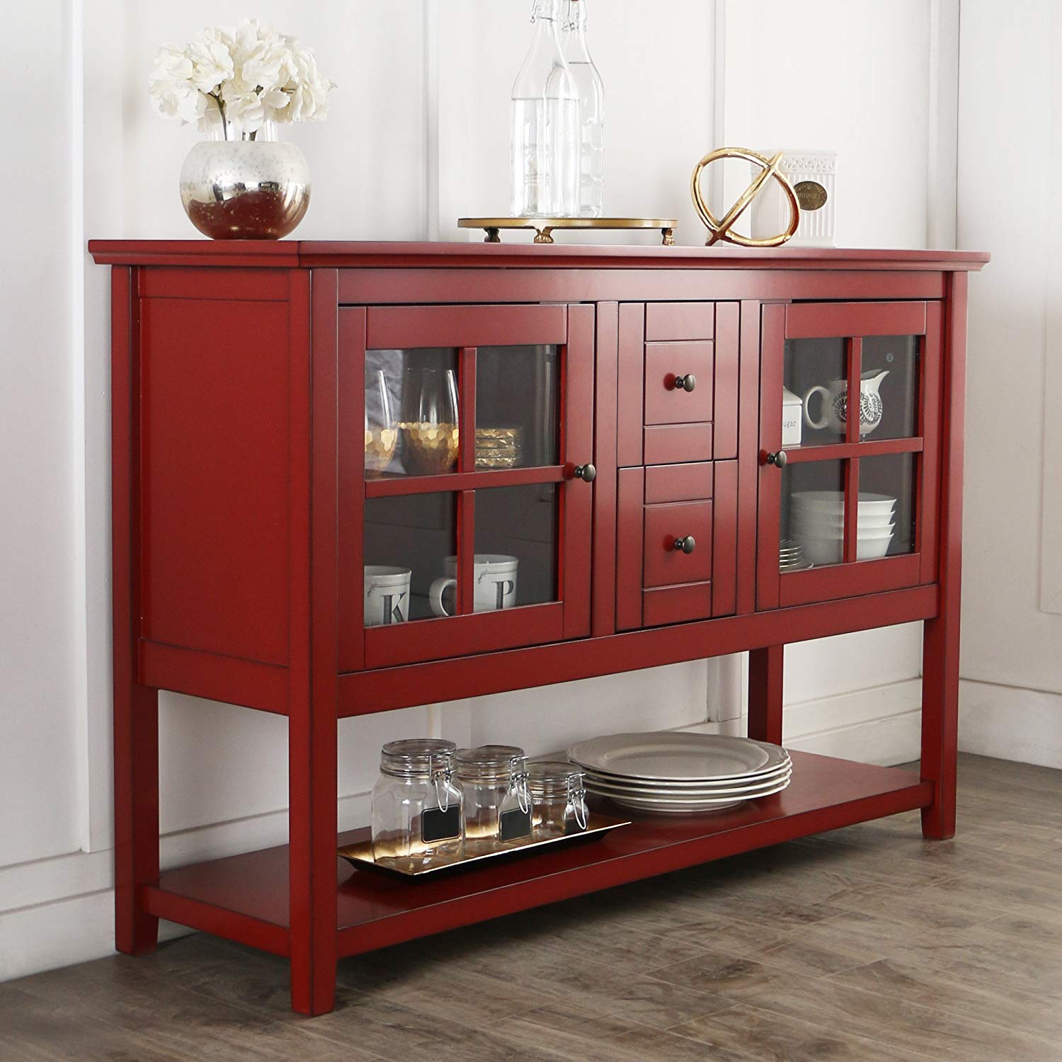WE Furniture 52" Console Table Wood TV Stand Console, Red