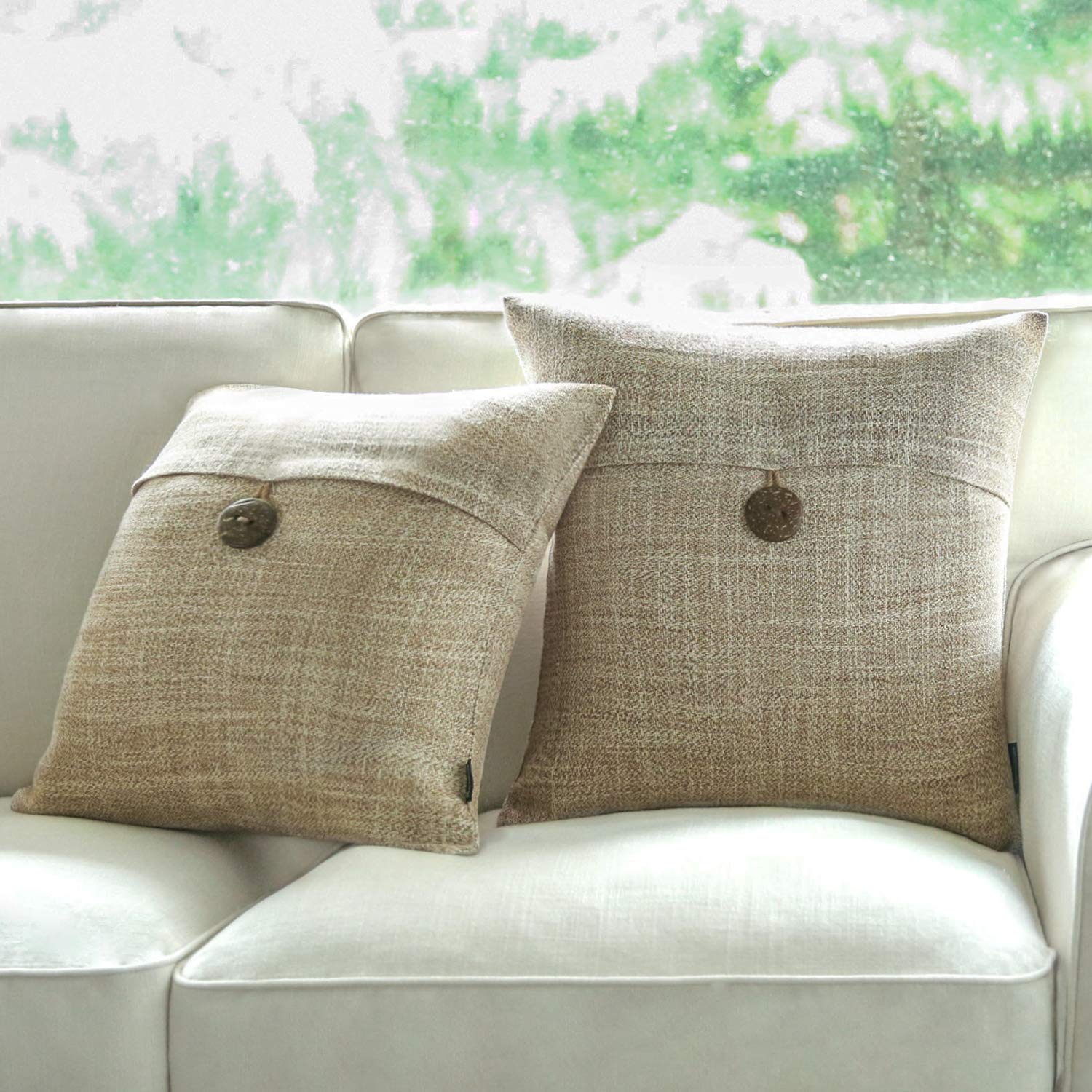 Phantoscope Set of 2 Beige Button Linen Decorative Throw Pillow Case Cushion Cover 18" x 18" 45 x 45 cm