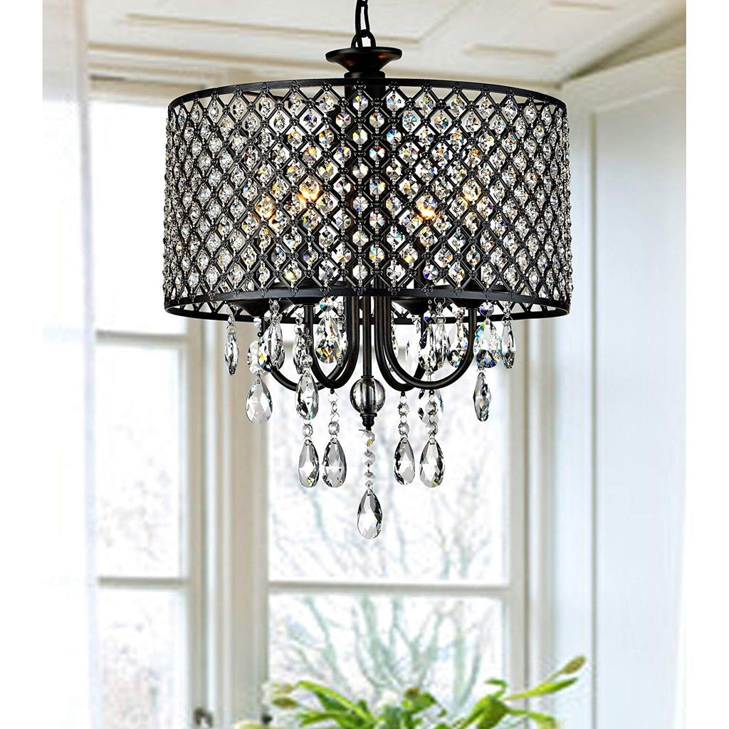 Lumos Antique Black 4-light Round Crystal Chandelier Drum pendant ceiling lighting Fixture for dining room, living room