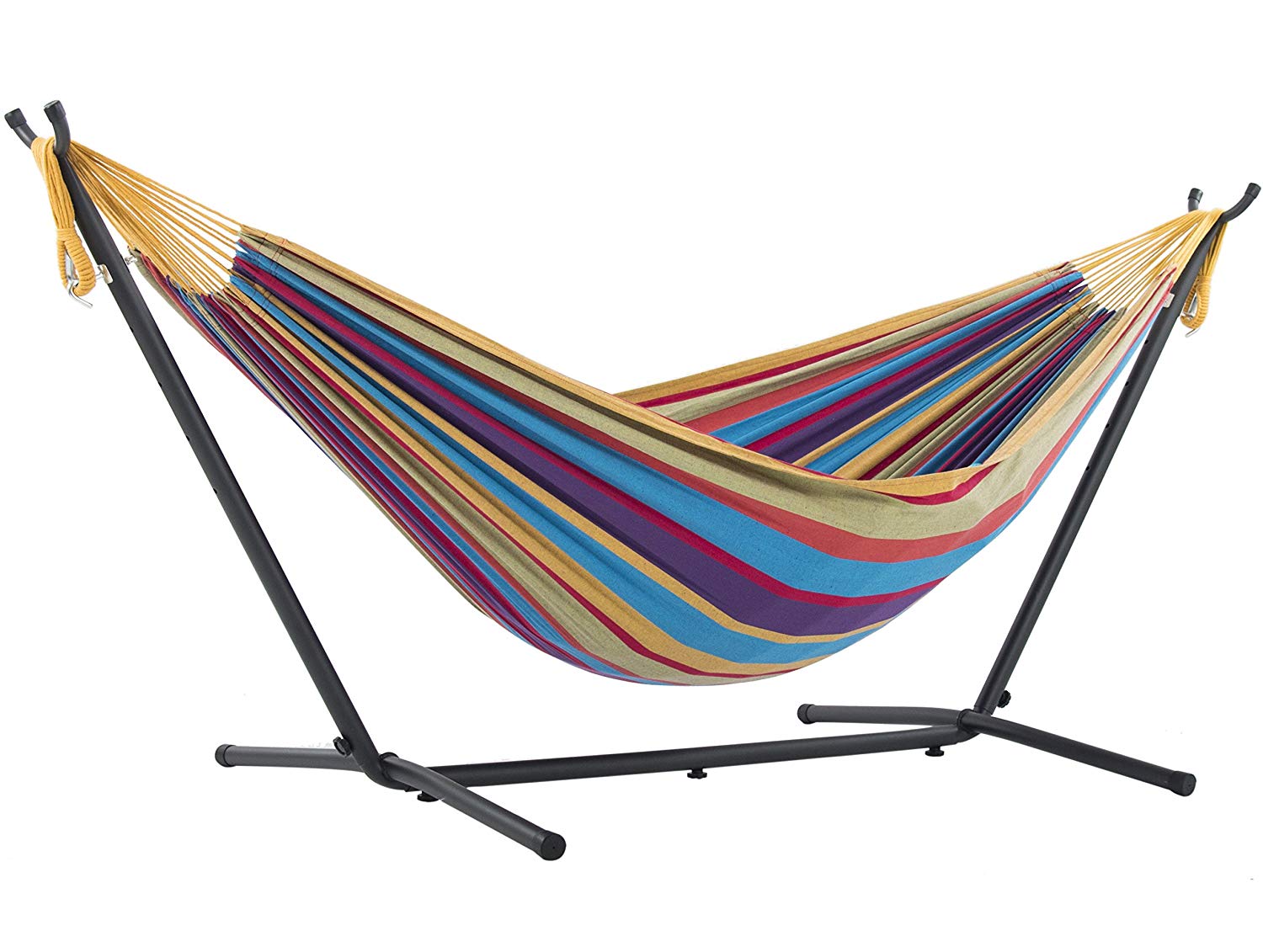 Vivere Double Hammock with Space-Saving Steel Stand, Tropical