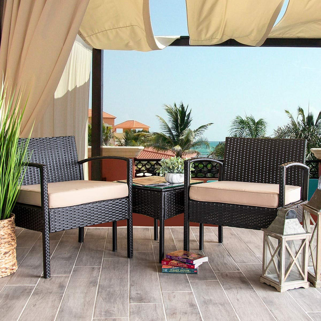 Barton 3PCS Patio Chair Set Patio Wicker Rattan Bistro Outdoor Chair Seat Thick Cushion w/Glass Coffee Table Set