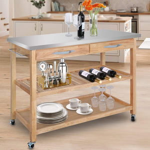 SUPER DEAL Zenchef Rolling Kitchen Island Utility Kitchen Serving Cart w/Stainless Steel Countertop, Spacious Drawers and Lockable Wheels, Natural (Upgraded Stainless Steel)