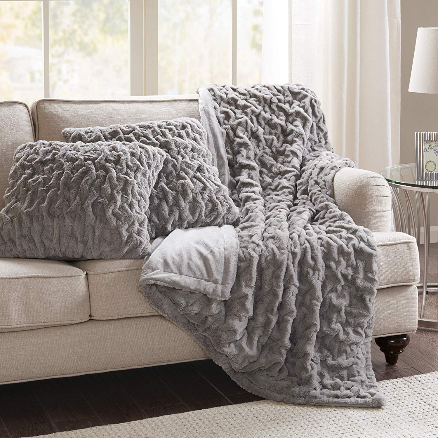 Comfort Spaces Faux Fur Throw Blanket Set – Fluffy Plush Blankets for Couch and Bed – Grey Size 50" x 60" with 2 Square Pillow Covers 20" x 20"