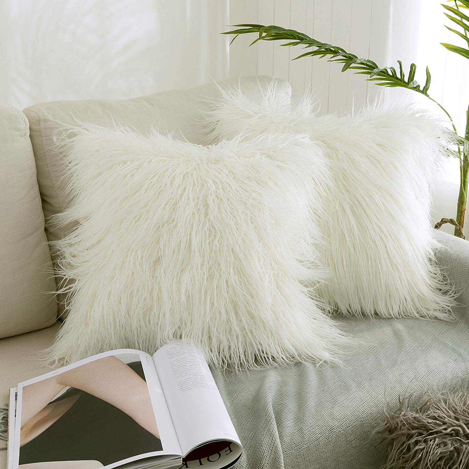 Kevin Textile Set of 2 Decorative New Luxury Series Merino Style Off-White Fur Throw Pillow Case Cushion Cover Pillow Covers for Bed (18" x 18" 45cm x 45cm)