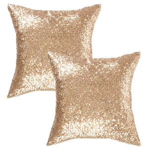 Kevin Textile Decorative Throw Sequin Pillow Sham Glitzy Comfy Satin Solid Sequins Pillow Cover 18 Inch Square Cushion Cover, Hidden Zipper Design, 2 Pieces(Light Gold)