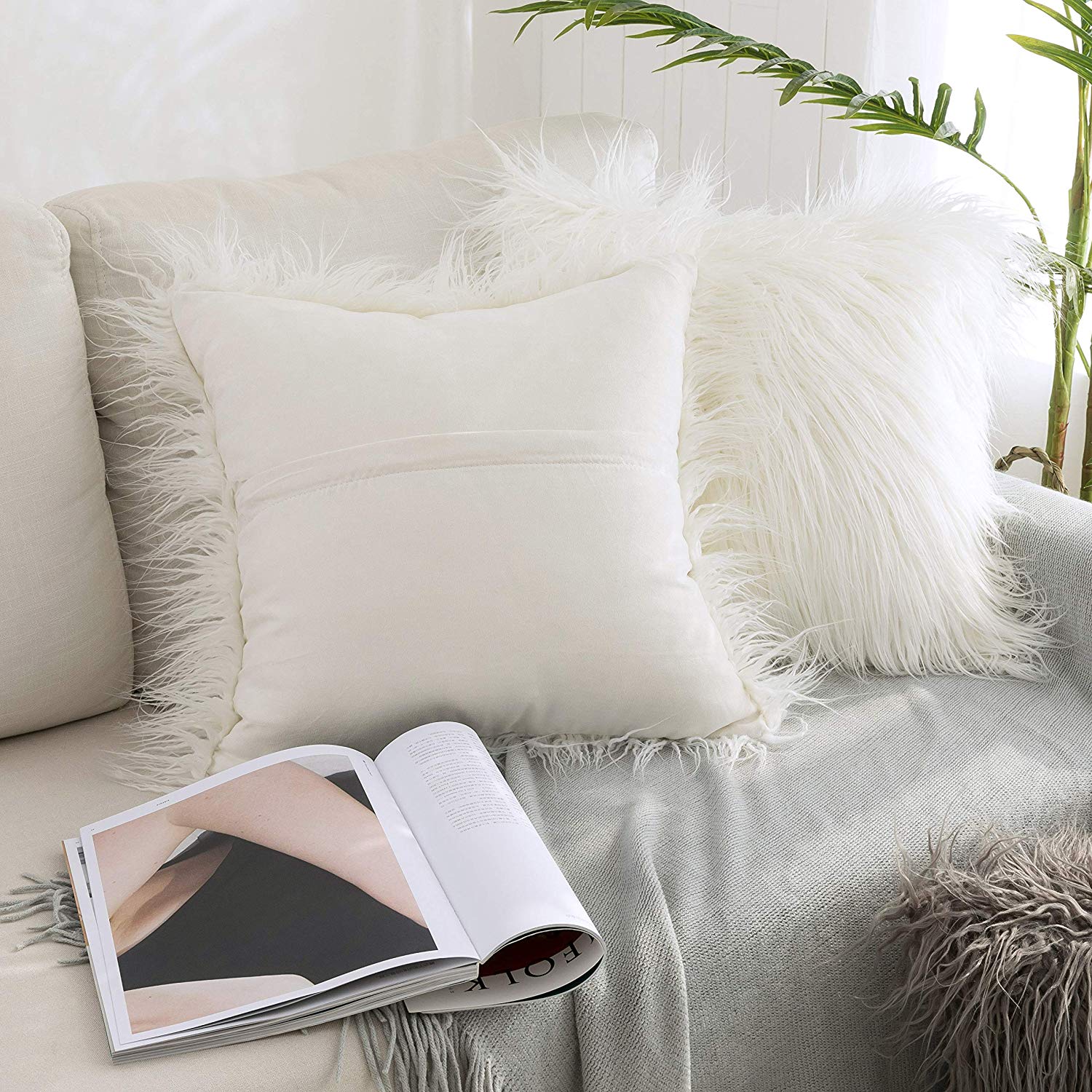 Kevin Textile Set of 2 Decorative New Luxury Series Merino Style Off-White Fur Throw Pillow Case Cushion Cover Pillow Covers for Bed (18" x 18" 45cm x 45cm)