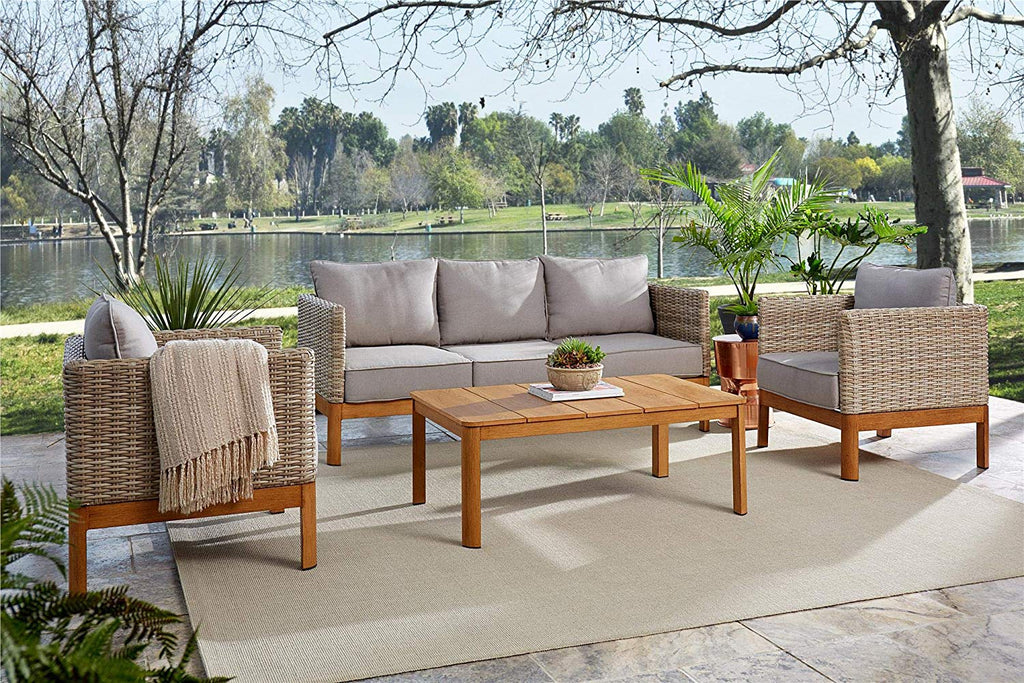 COSCO Outdoor Furniture Set, Coffee Table, Sofa, Chair Set, 4 Piece, Tan Wicker, Warm Gray Cushions