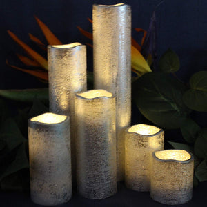 LED Lytes Flameless Timer LED Candles Slim Set of 6, 2" Wide and 2"- 9" Tall, Silver Coated Wax and Flickering Warm White Flame for Home and Wedding Decor