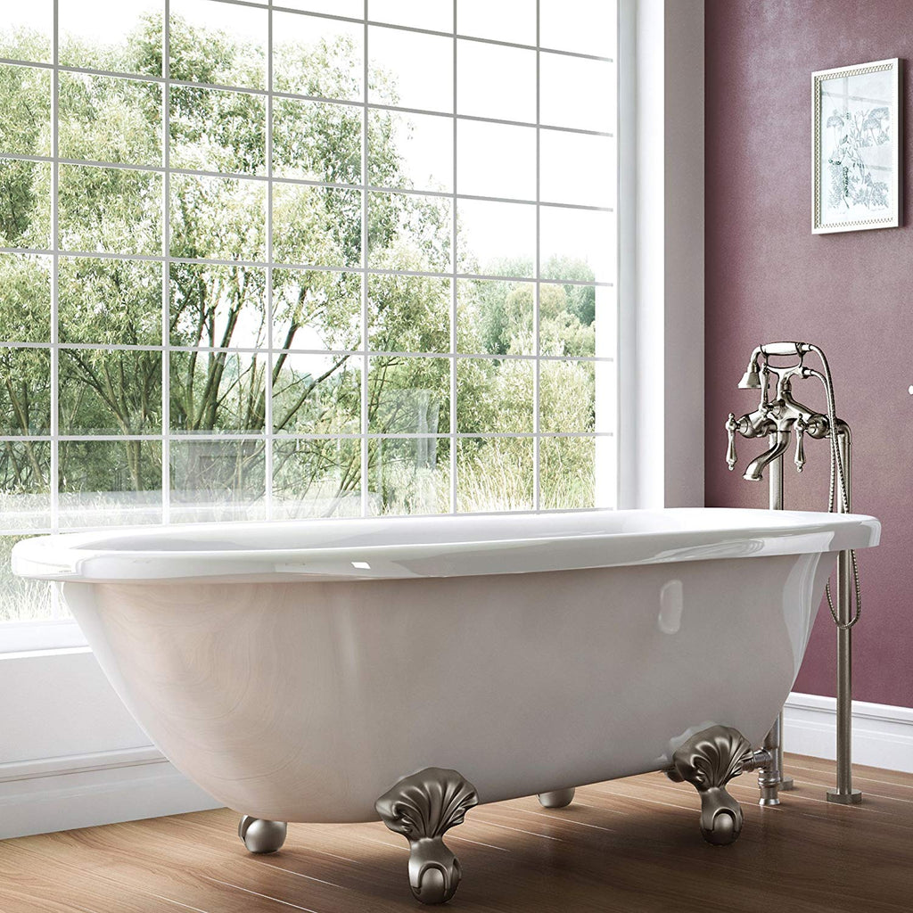 Luxury 54 inch Small Vintage Clawfoot Tub in White, Includes Brushed Nickel Ball and Claw Feet and Drain, From The Highview Collection