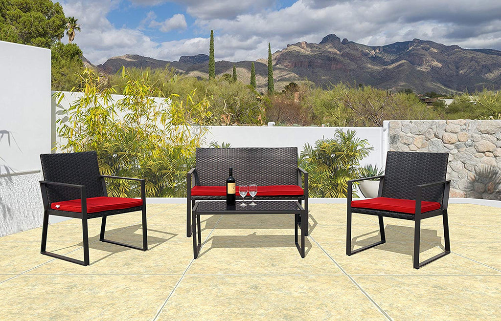 PATIORAMA Outdoor Patio Furniture, 4 Piece Patio Set with Red Cushions, Steel Frame (Red)