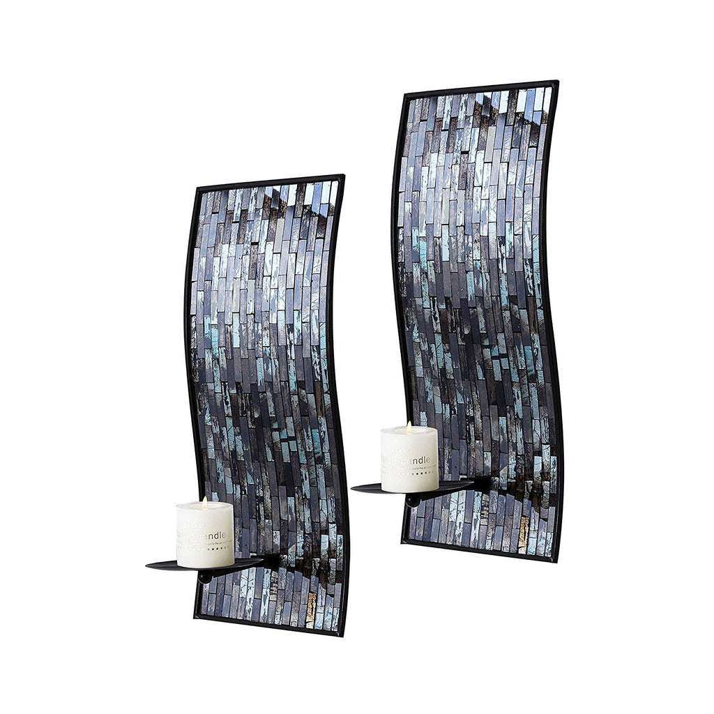 Whole Housewares 8 x 18 Inches Decorative Metal Wall Candle Sconce - Mosaic Glass Set of 2(Blue/Brown)
