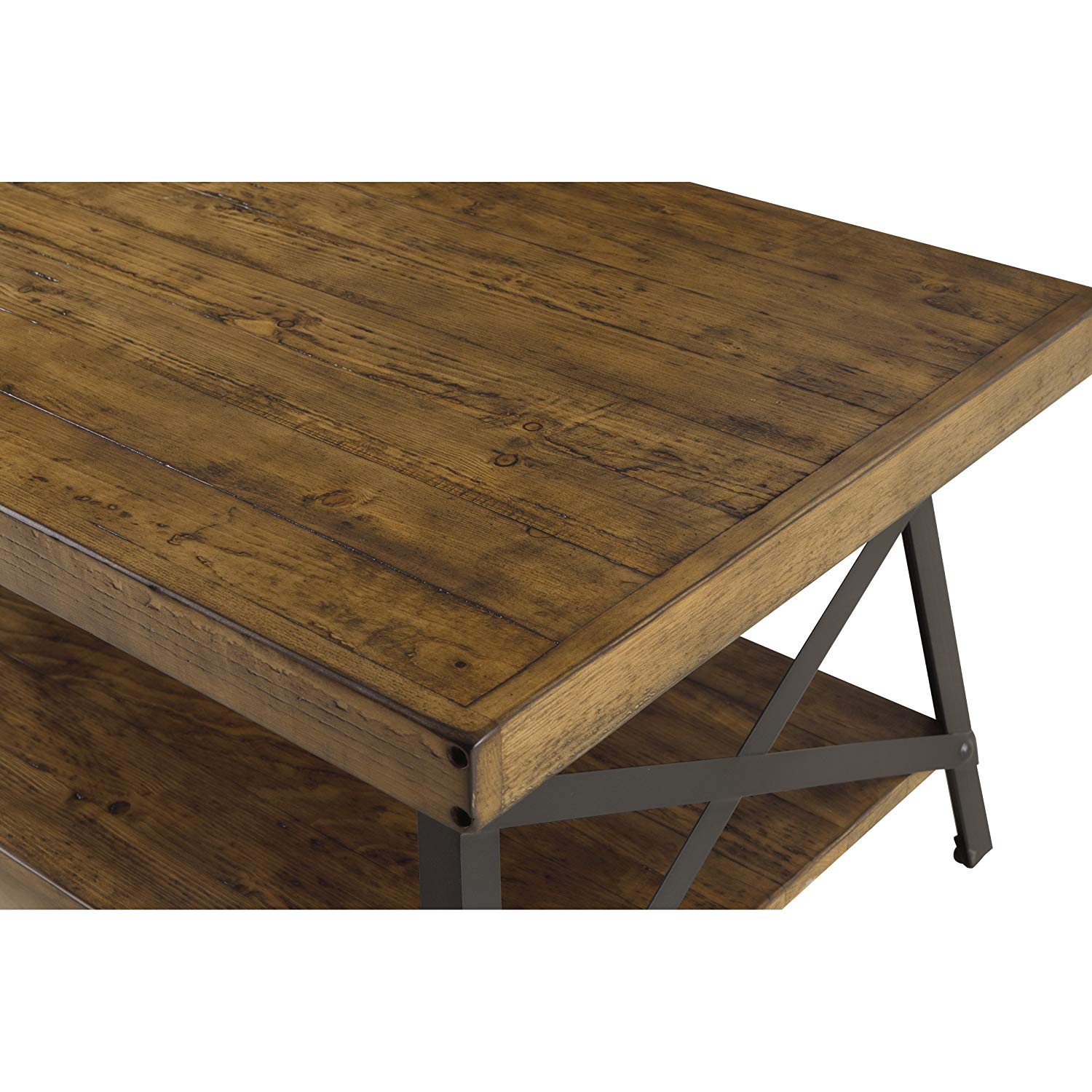 Emerald Home Chandler Rustic Industrial Solid Wood and Steel Coffee Table with Open Shelf