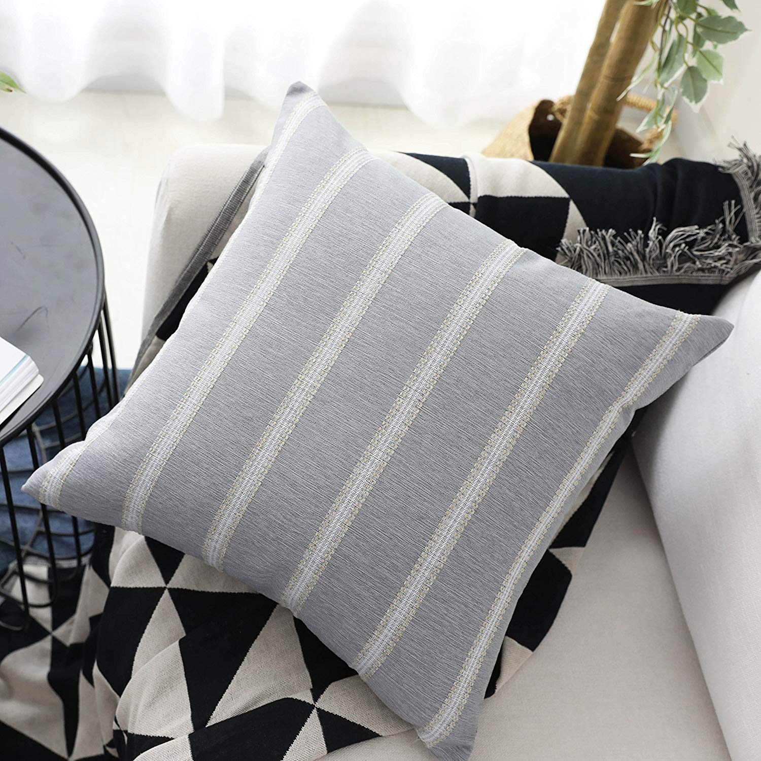HOME BRILLIANT Decorative Throw Pillow Covers Striped Modern Farmhouse Pillowcases for Indoor Outdoor, Set of 2, 18 x 18 inches(45x45cm), Grey Gray