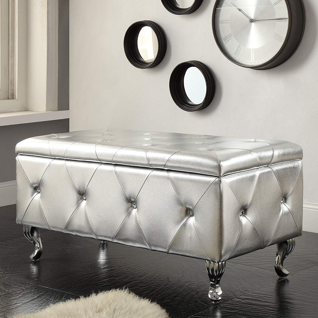 Christies Home Living AC-BED16-SIL-BENCH Crystal Tufted Storage Bench, Silver