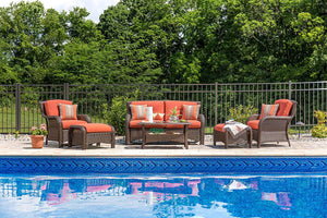La-Z-Boy Outdoor Sawyer 6 Piece Resin Wicker Patio Furniture Conversation Set (Grenadine Orange) with All Weather Sunbrella Cushions