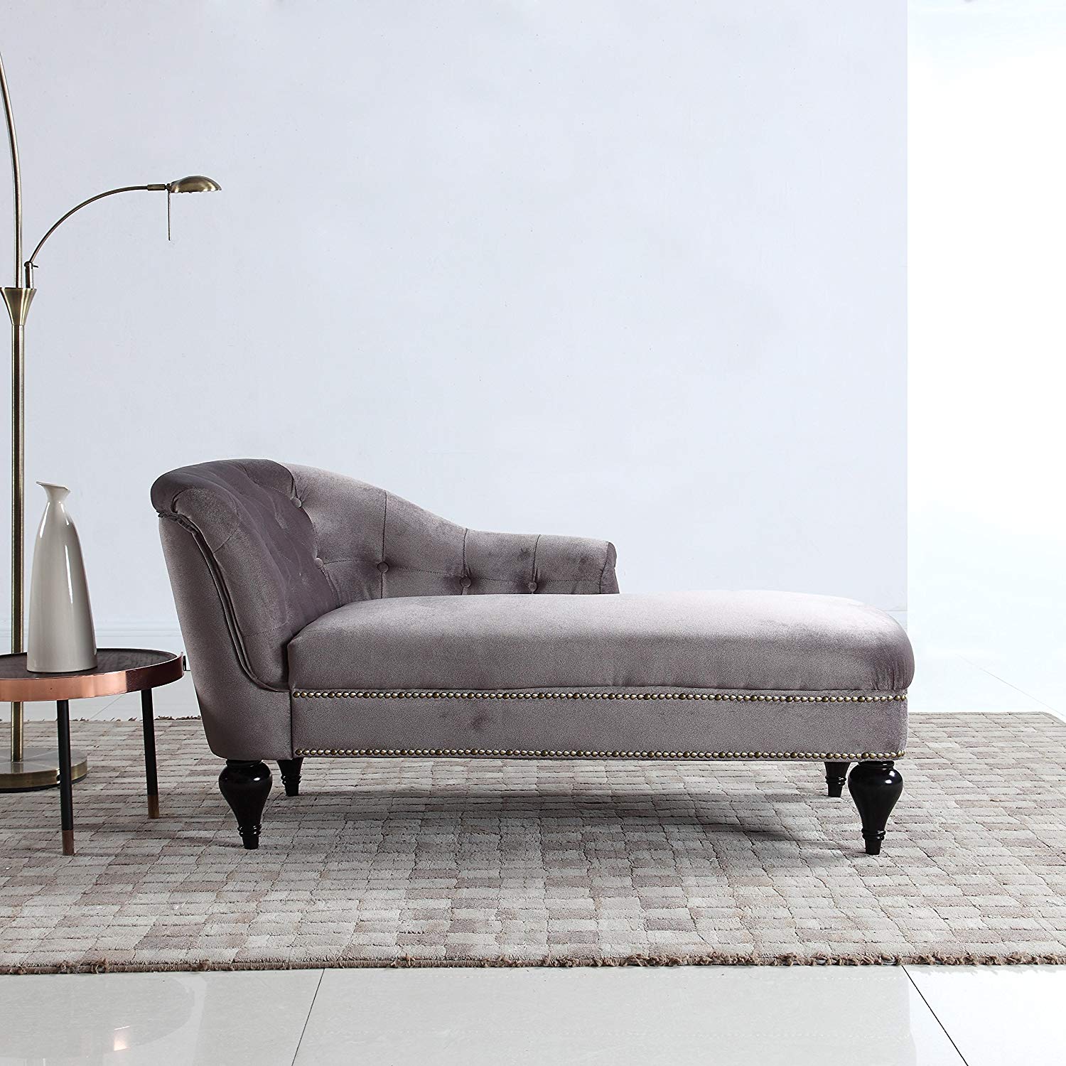 DIVANO ROMA FURNITURE Modern and Elegant Kid's Velvet Chaise Lounge for Living Room or Bedroom (Light Grey)